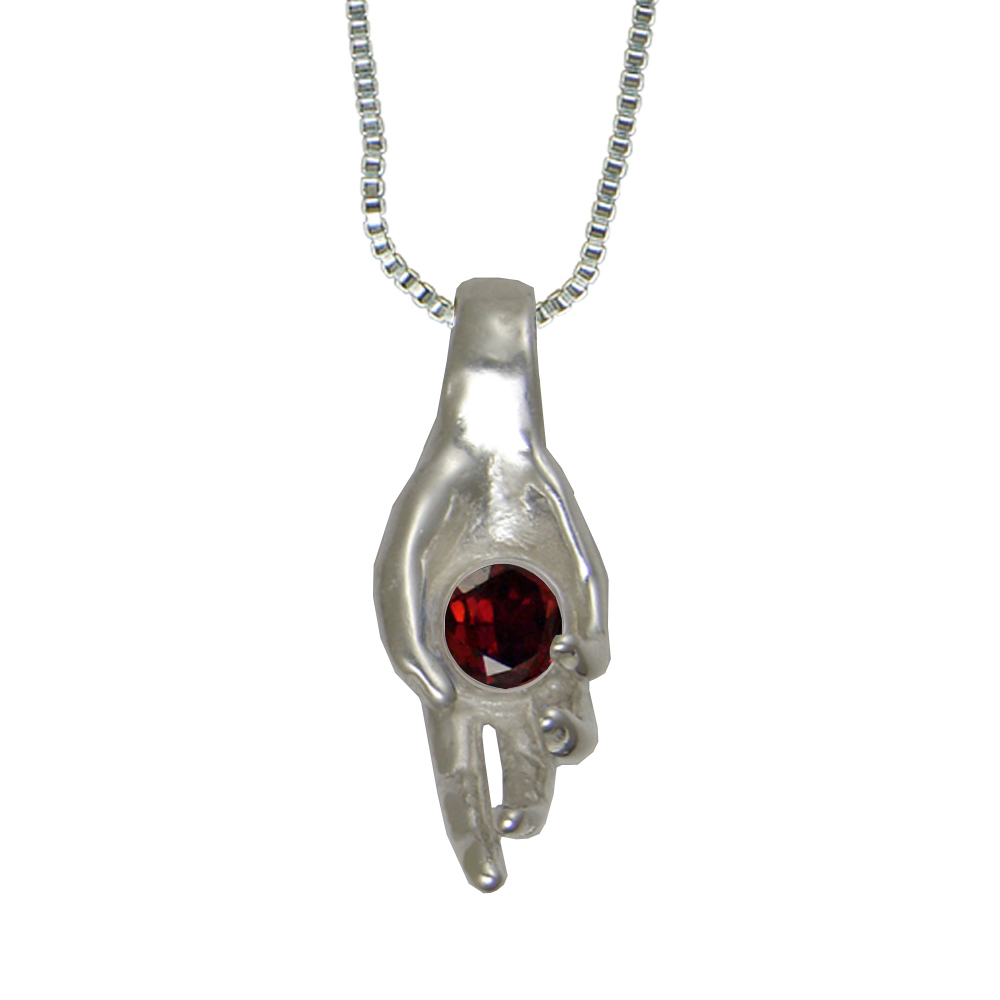 Sterling Silver Healing Hand Pendant With Faceted Garnet